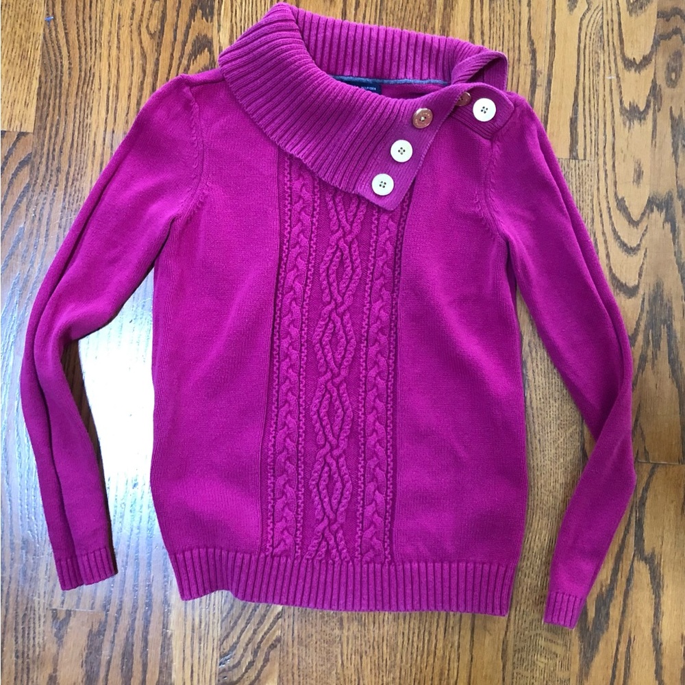 TOMMY HILFIGER Raspberry Colored Cotton Ladies Sweater w/ Button Cowl Neck XS
